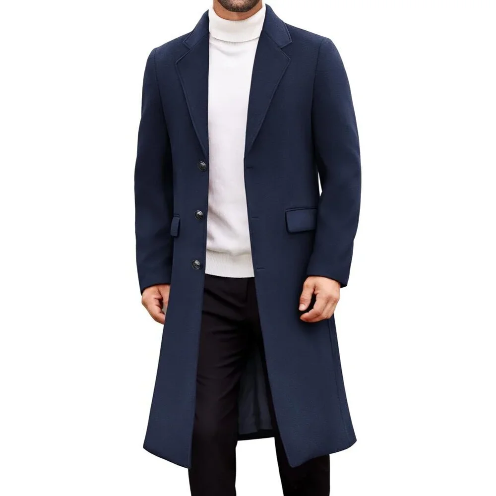 Men's Navy Blue Trench Coat Long Casual Notched Collar Wool Blend Pea coat